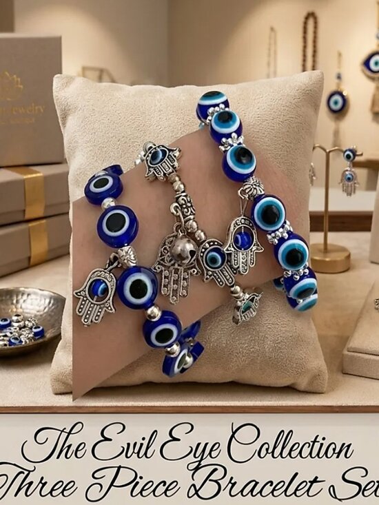Classic Whimsy Jewelry - NWT -3pc Boho Evil Eye Beaded Bracelet Set – Silver & Blue with Rhinestones